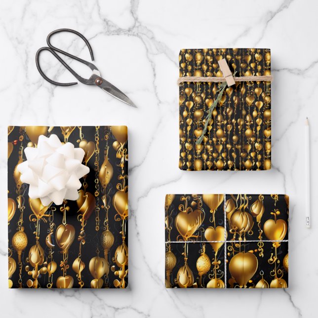 Valentine's Day Golden Hearts of Love Wrapping Paper Sheets (Front)