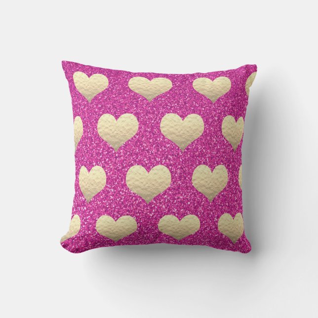 Valentines Day Golden Hearts Pink Purple Glitter Outdoor Pillow (Front)