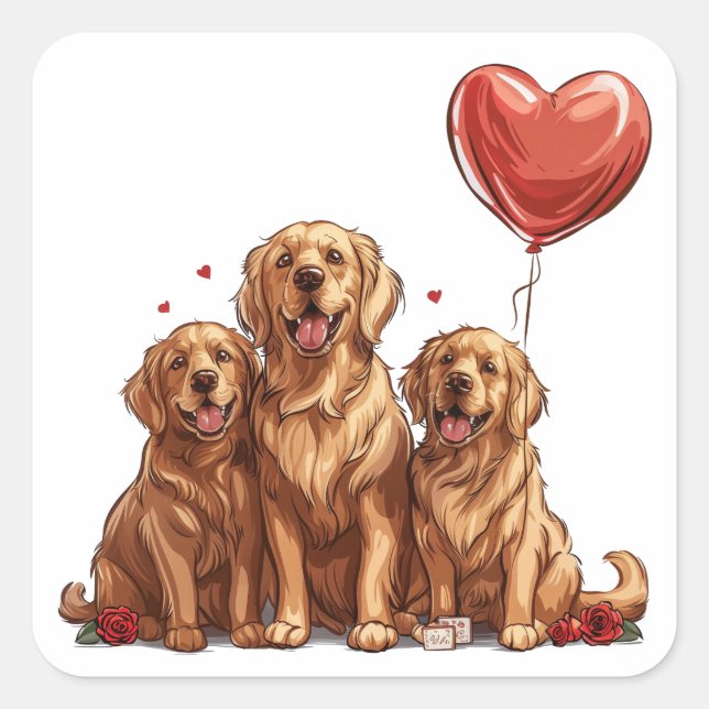 Valentines Day Golden Retriever Dog Square Sticker (Front)