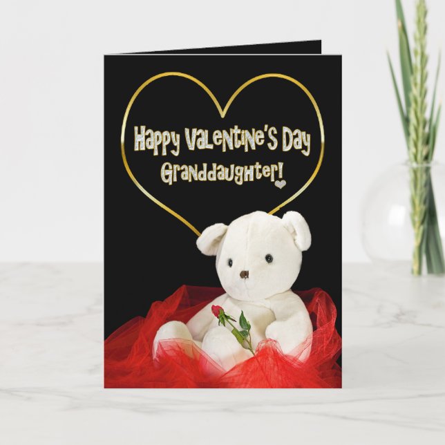 Valentine's Day - GRANDAUGHTER Teddy Bear/Red Rose Holiday Card (Front)