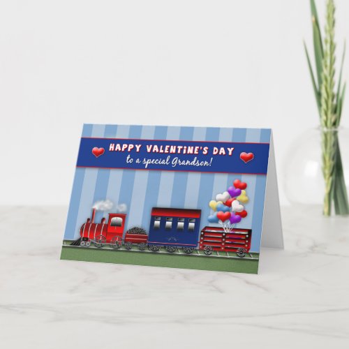 VALENTINES DAY  Grandson  Train_Heart Balloons Holiday Card