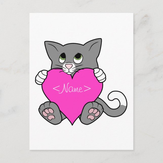 Valentine's Day Gray Cat with Pink Heart Holiday Postcard (Front)