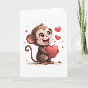 Valentine's Day Greeting Card Monkey Red Hearts