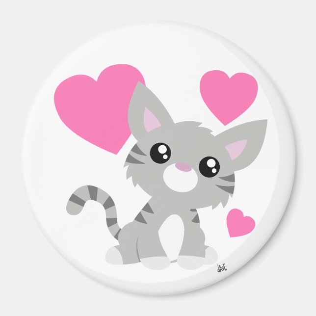 Valentine's Day Grey Kitty Button Magnet (Front)