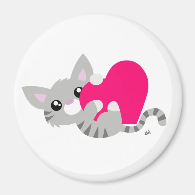 Valentine's Day Grey Kitty Button Magnet (Front)
