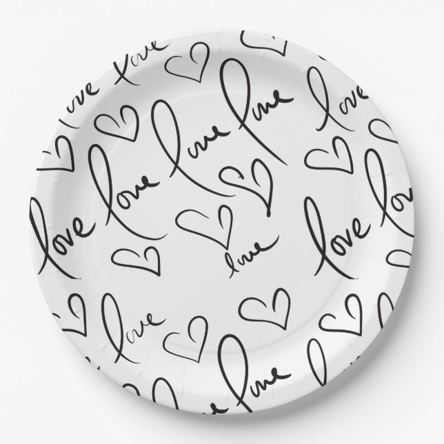 Valentines Day Hand Drawn Script Love Lettering Paper Plates (Front)