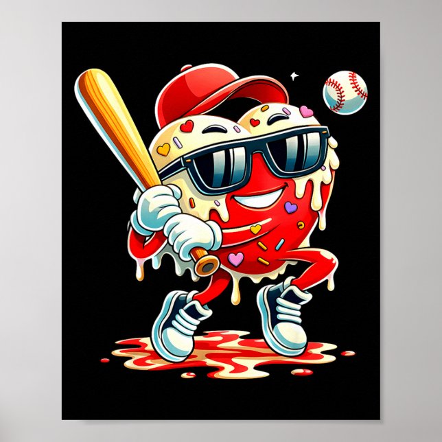 Valentines Day Heart Baseball Drip Ice Cream Boys  Poster (Front)