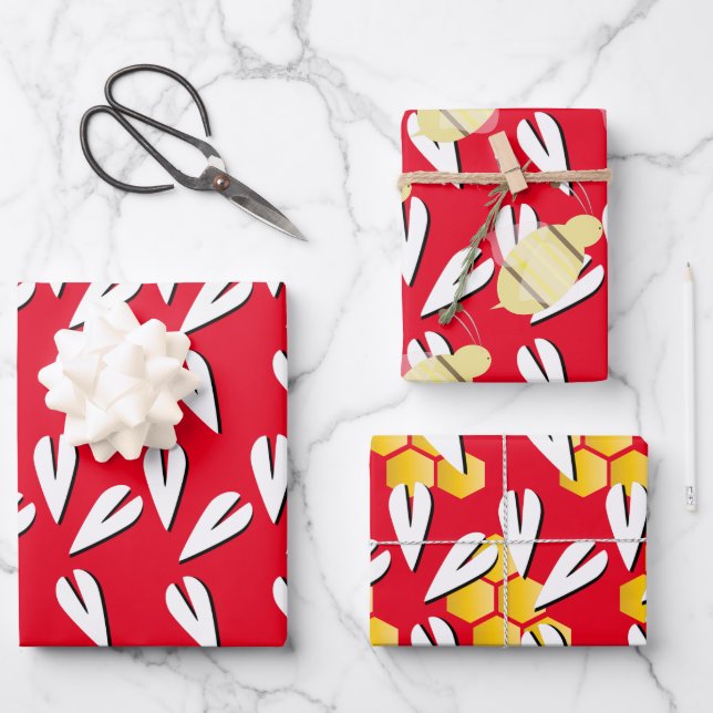 Valentines Day Heart Bee Pattern Wrapping Paper Sheets (Front)
