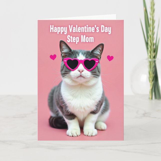 Valentines Day Heart Cat Step Mom Card (Front)