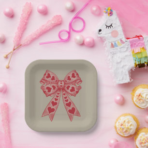 Valentine's day Heart Coquette bow Retro Valentine Paper Plates