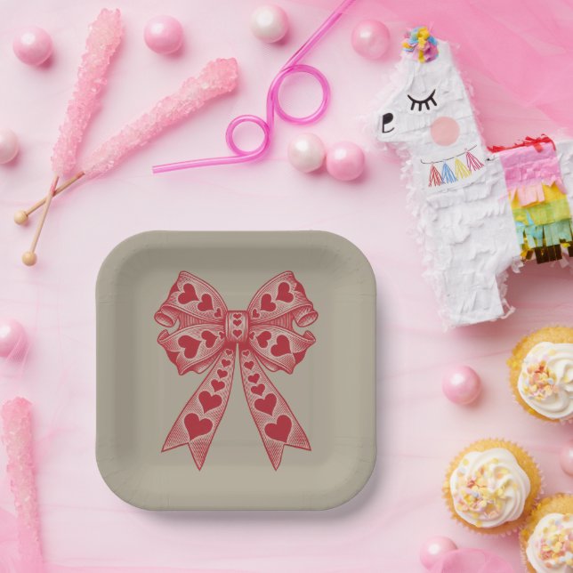 Valentine's day Heart Coquette bow Retro Valentine Paper Plates (Party)