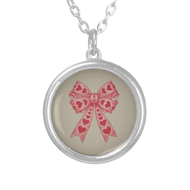 Valentine's day Heart Coquette bow Retro Valentine Silver Plated Necklace (Front)