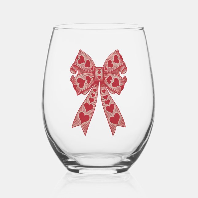 Valentine's day Heart Coquette bow Retro Valentine Stemless Wine Glass (Back)