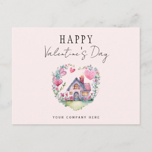Valentines Day Heart House Watercolor Real Estate Holiday Postcard