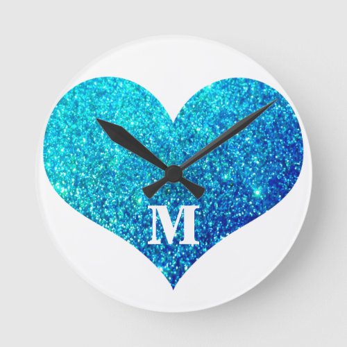Valentines Day Heart Monogram Blue Glitter Cute Round Clock