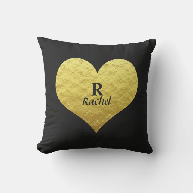 Valentine's Day Heart Monogram Gold Black Elegant Outdoor Pillow (Front)