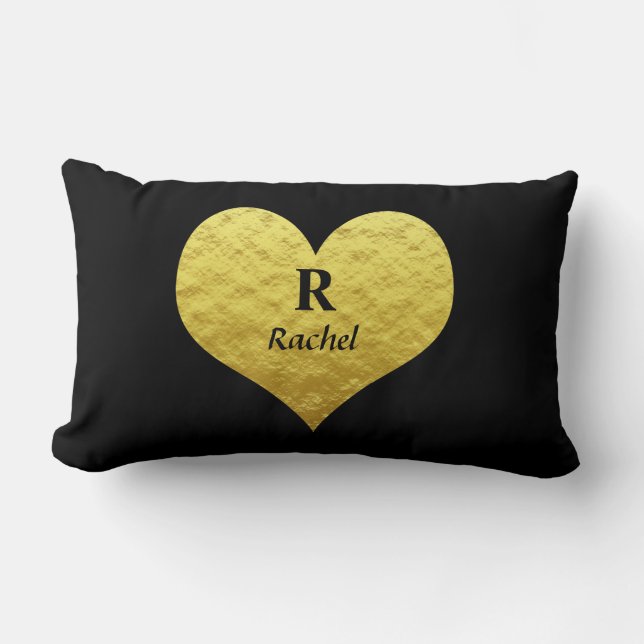 Valentine's Day Heart Monogram Gold Black Modern Lumbar Pillow (Front)