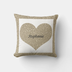 Valentine's Day Heart Monogram Gold Glitter White Outdoor Pillow