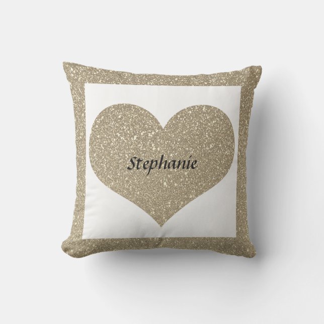 Valentine's Day Heart Monogram Gold Glitter White Outdoor Pillow (Front)
