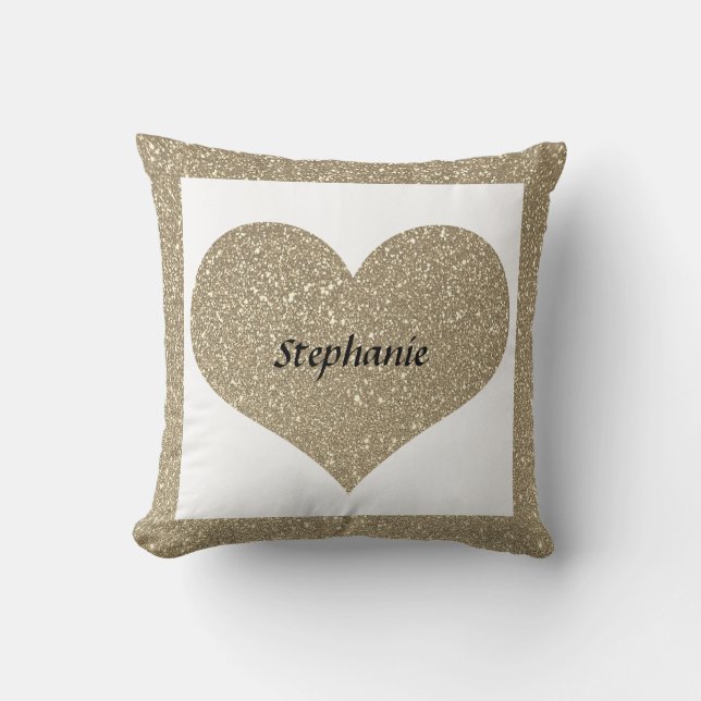 Valentine's Day Heart Monogram Gold Glitter White Throw Pillow (Front)