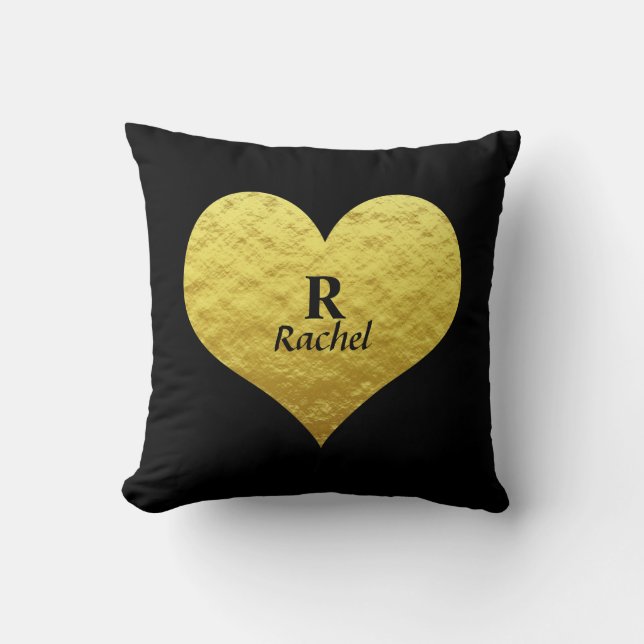 Valentine's Day Heart Monogram Gold Golden Black Throw Pillow (Front)