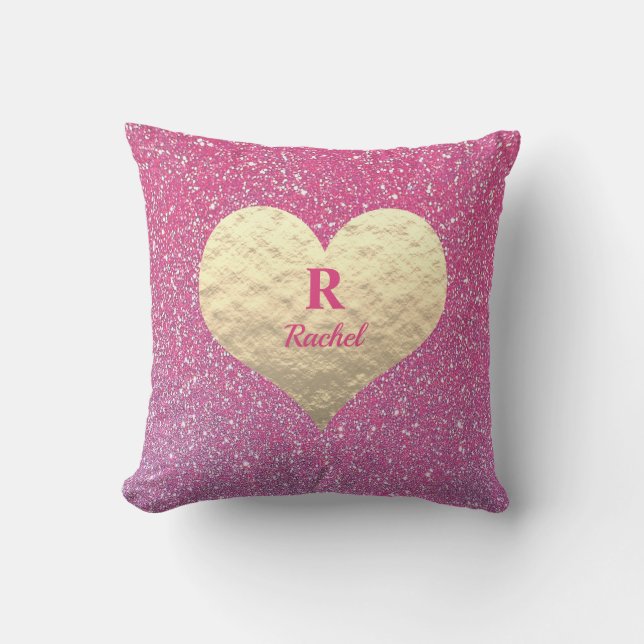Valentine's Day Heart Monogram Gold Pink Glittery Outdoor Pillow (Front)