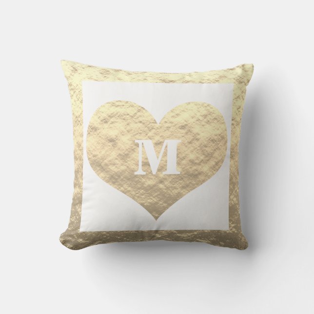 Valentine's Day Heart Monogram Initials Gold White Outdoor Pillow (Front)