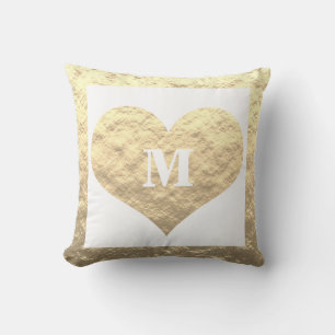 Valentine's Day Heart Monogram Initials Gold White Throw Pillow