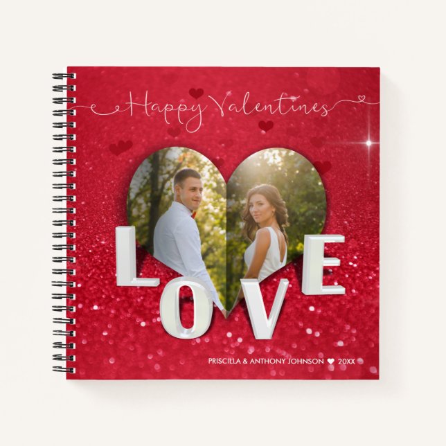 Valentine's Day Heart Photo Red Glitter Notebook (Front)
