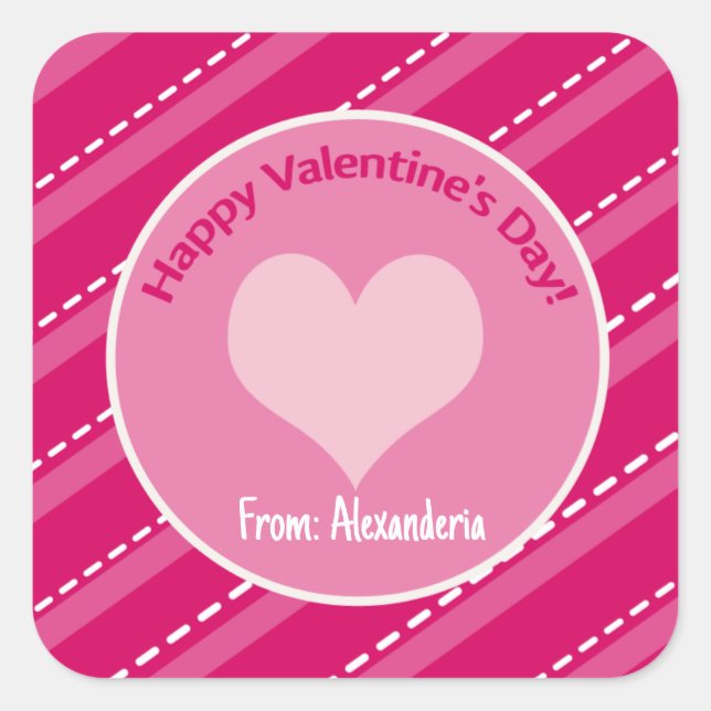 Valentine's Day Heart Pink Dashes Stripes Pattern Square Sticker (Front)