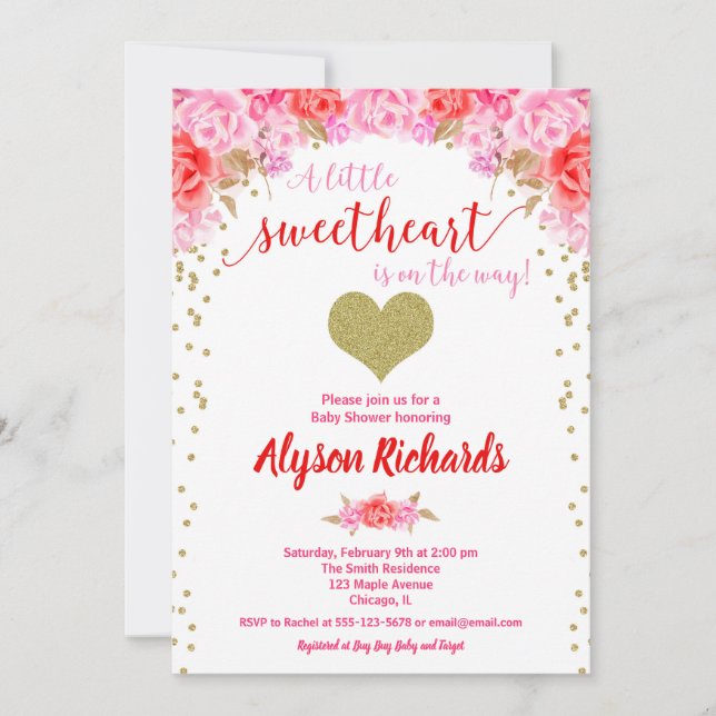 Valentines day heart pink red girl baby shower invitation (Front)