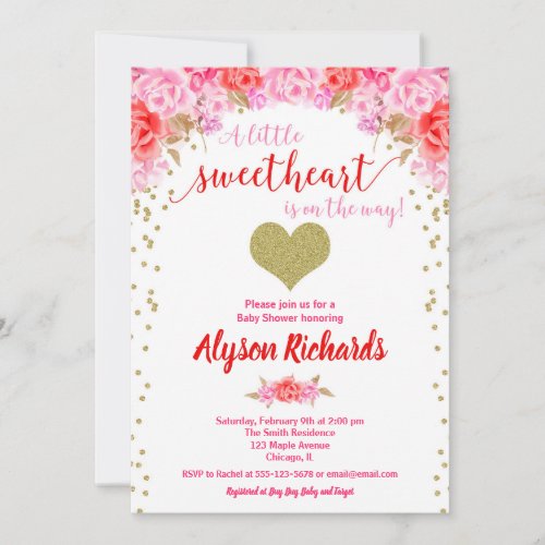 Valentines day heart pink red girl baby shower invitation