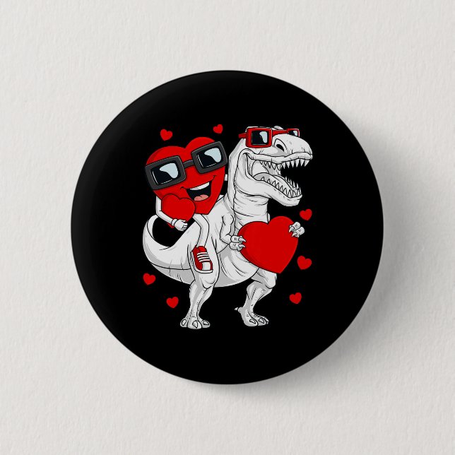 Valentines Day Heart Riding Dinosaur T Rex Fun Boy Button (Front)