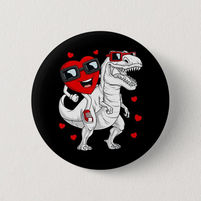 Valentines Day Heart Riding Dinosaur T Rex Fun Boy Button (Front)