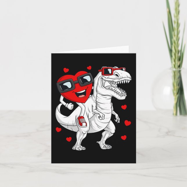 Valentines Day Heart Riding Dinosaur T Rex Fun Boy Card (Front)