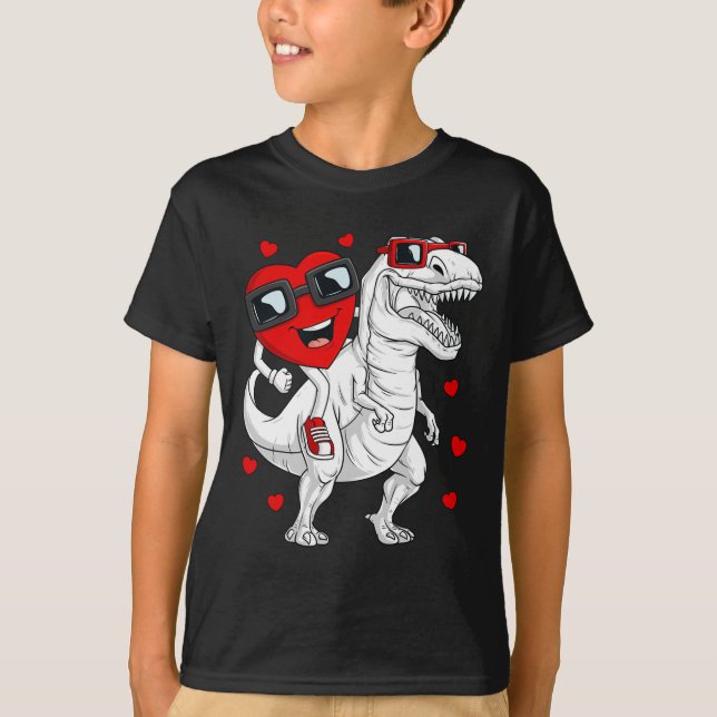 Valentines Day Heart Riding Dinosaur T Rex Fun Boy T-Shirt (Front)