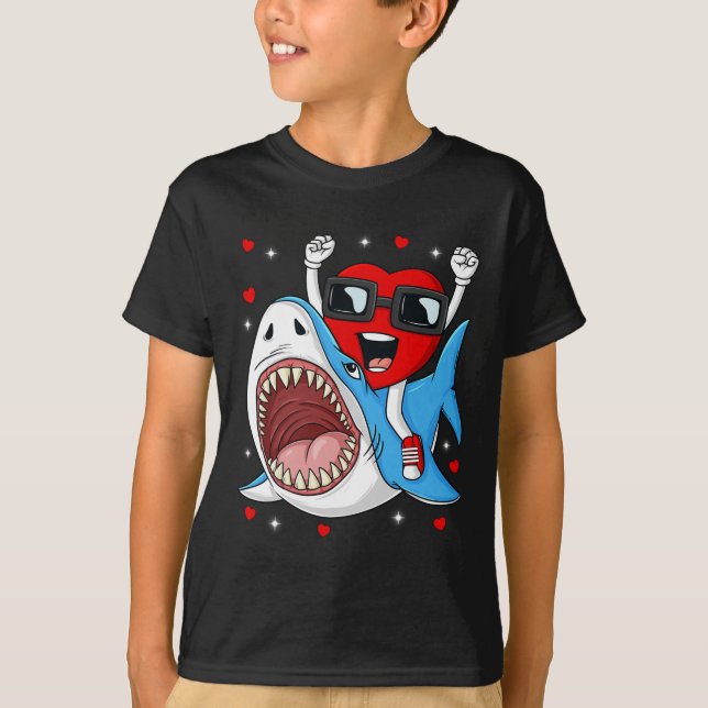 Valentines Day Heart Riding Shark Fun Toddler Boys T-Shirt (Front)