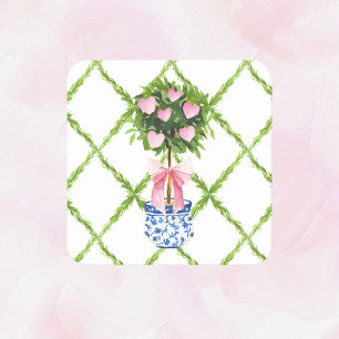 Valentine's Day Heart Topiary, Grandmillenial Square Paper Coaster