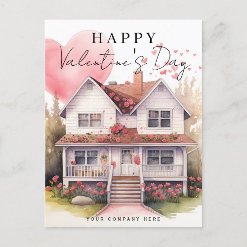 Valentines Day Heart Watercolor House Realty Holiday Postcard