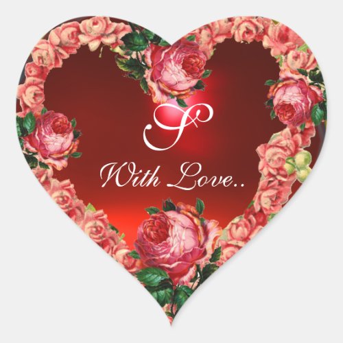VALENTINES DAY HEART WITH PINK ROSES MONOGRAM HEART STICKER