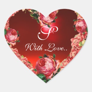 VALENTINE'S DAY HEART WITH PINK ROSES MONOGRAM HEART STICKER