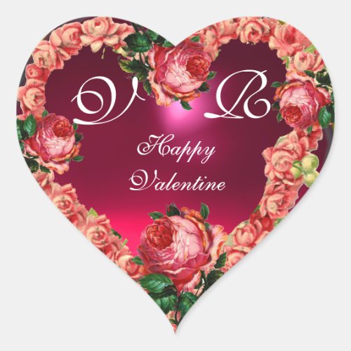 VALENTINES DAY HEART WITH PINK ROSES MONOGRAM HEART STICKER