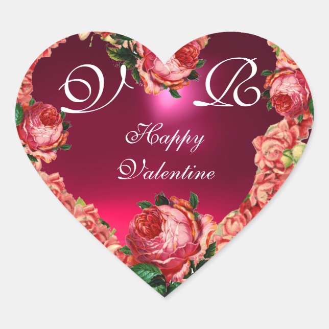 VALENTINE'S DAY HEART WITH PINK ROSES MONOGRAM HEART STICKER (Front)