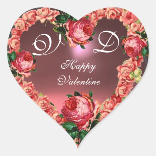 VALENTINES DAY HEART WITH PINK ROSES MONOGRAM HEART STICKER