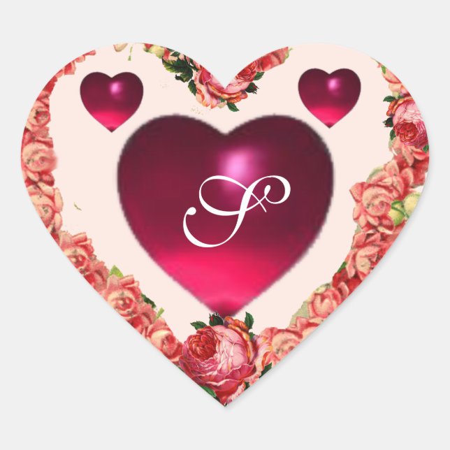 VALENTINE'S DAY HEART WITH PINK ROSES MONOGRAM STICKER (Front)