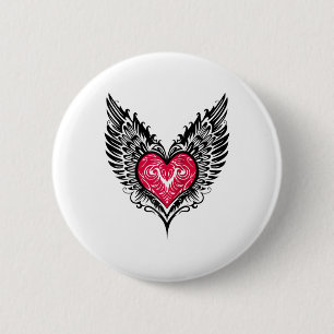 Valentines Day Heart With Wings Tattoo Style Symbo Button