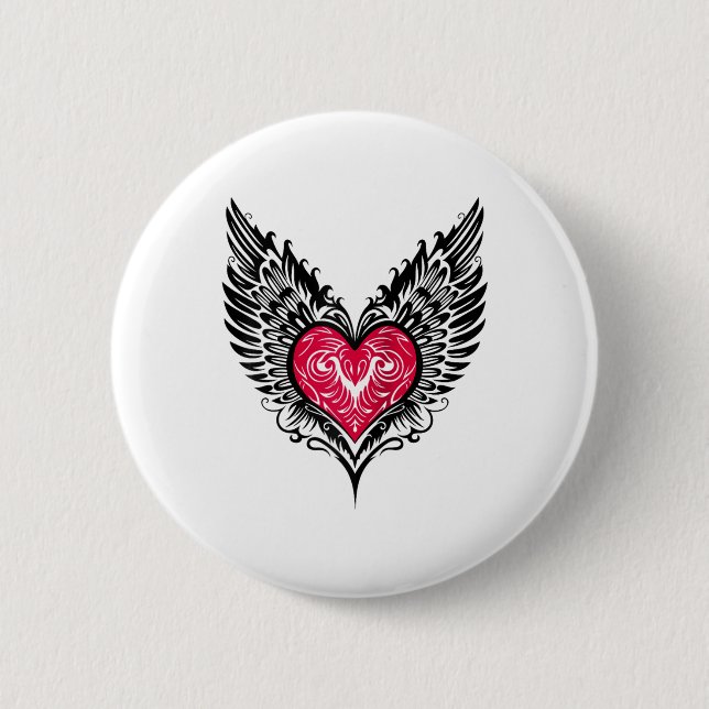 Valentines Day Heart With Wings Tattoo Style Symbo Button (Front)