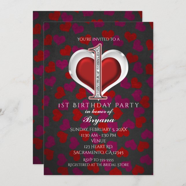 Valentine's Day Hearts 1st Birthday Invitations (Front/Back)