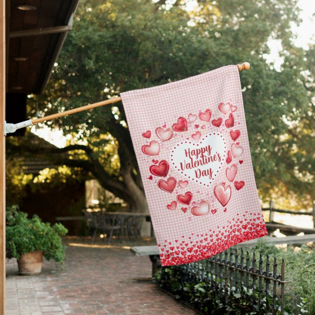 Valentine's Day Hearts and Gingham Check House Flag (In SItu)
