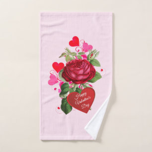 Valentine's Day Hearts and Red Rose Hand Towel